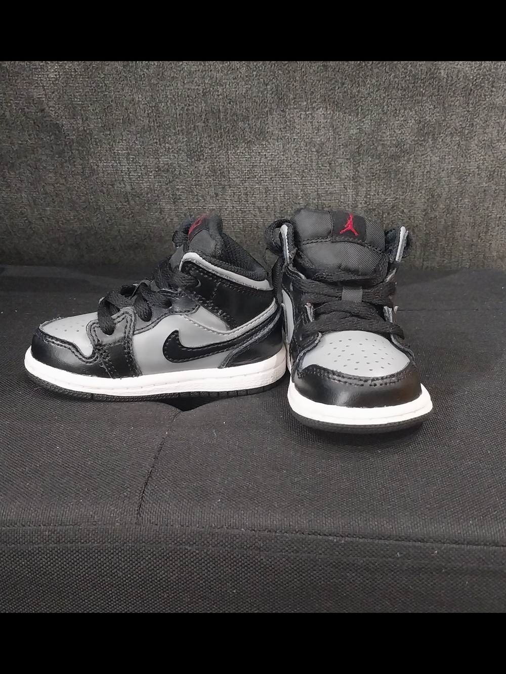 Nike Jordan 1 Black, Gray and White Mid Sneakers with Red Accent 4c